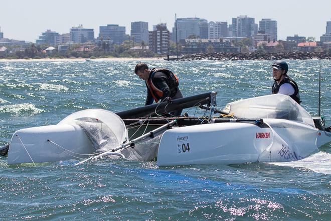 A bullet and second place for the day meant dropping the rig was not fatal to their chances overall, just good old expensive… (Steven Brewin with Andrew Williams) - Pinkster Gin 2017 F18 Australian Championship ©  Alex McKinnon Photography http://www.alexmckinnonphotography.com